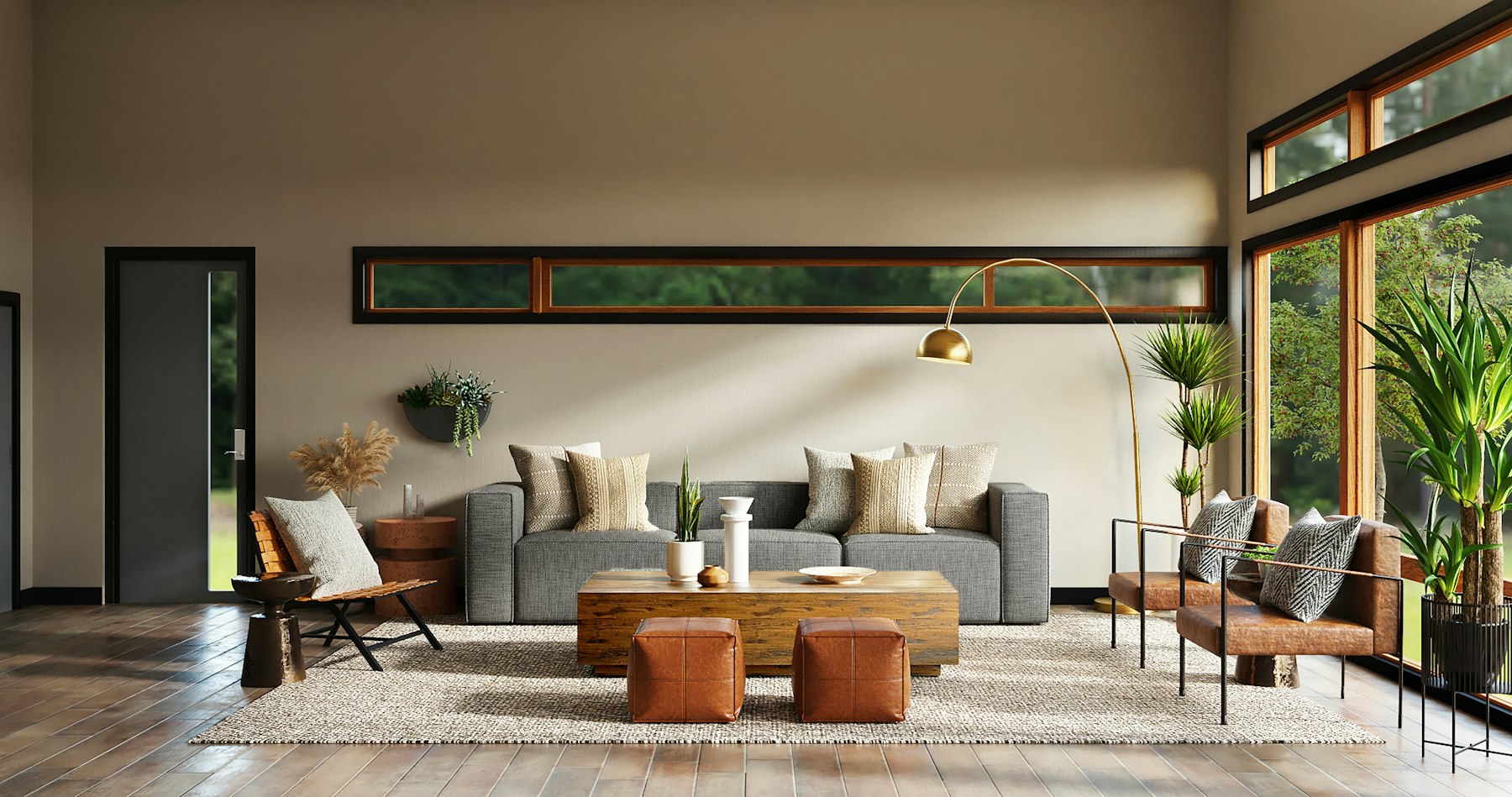 A calm living room with large windows and soft light.